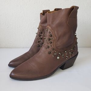 Zara Cowboy Leather Studded Spike Ankle Boots